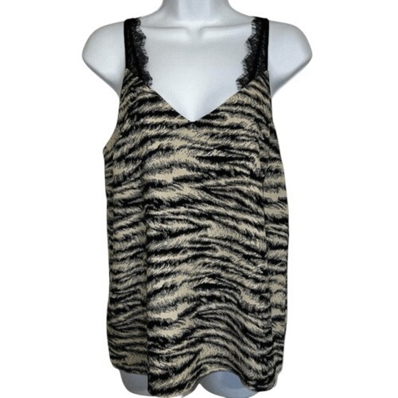 EXPRESS Gorgeous Black & Tan Zebra Print Cami Top Black Lace Trim NWT $48 Small - Picture 1 of 7